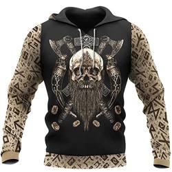 YCYR Nordischer Wikinger Odin Axt Hoodie, 3D-Druck Vegvisir Rune Tattoos Pullover Sweatshirt, Mode Personalisierte Langärmelige Streetwear,Hoodie Skull,L von YCYR