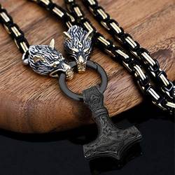 YCYR Nordischer Wikinger Thors Hammer Amulett Anhänger, Herren Handgemachte Vintage Mythologie Mjolnir Halskette Mit 6Mm Wolfskopf König Kette Kettenschmuck,Schwarz,60CM von YCYR