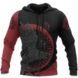 YCYR Viking 3D Tattoo Hoodie, Nordische Mythologie Raven Streetwear Casual Hoody Sweatshirt, Überall Bedrucktes Unisex Langarm Pullover Sweatshirt,Zipper,3XL von YCYR