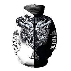 YCYR Viking 3D Tattoo Hoodies, Nordische Mythologie Odin Skull Streetwear Casual Hoody Sweatshirt, Überall Bedrucktes Unisex Langarm Pullover Sweatshirt,Zipper,2XL von YCYR