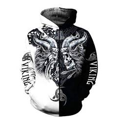 YCYR Viking 3D Tattoo Hoodies, Nordische Mythologie Odin Skull Streetwear Casual Hoody Sweatshirt, Überall Bedrucktes Unisex Langarm Pullover Sweatshirt,Zipper,M von YCYR