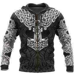 YCYR Viking 3D Thors Hammer Hoodies, Nordic Mythology All Over Tattoo Halskette Bedrucktes Pullover Sweatshirt, Unisex Langarm Streetwear Casual Hoody,Zipper,6XL von YCYR