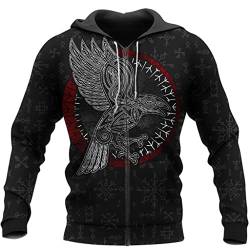 YCYR Viking Odin Crow Hoodie, 3D-Druck Thors Hammer Nordische Mythologie Rune Herren Tattoo Streetwear, Lose Paare Casual Pullover Sportswear,Zipper,XL von YCYR