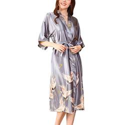 YDSH Damen Edler Satin Morgenmantel Kimono,Kimonos für Damen Bademantel aus Satin mit Pfau und Blüten Morgenmantel Robe von YDSH