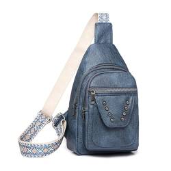 YEAMKE Damen-Brusttasche, eine Schulter-Umhängetasche, gespleißte Multi-Pocket-lässige Rucksack-Brusttasche aus weichem Leder, blau, 17 * 8 * 27 cm von YEAMKE