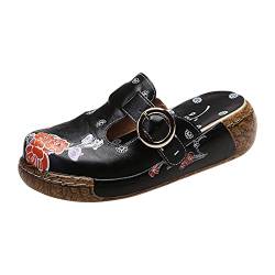 YEARSTAY plateau sandalen damen Vintage Blumendruck Plattform Flache Keilabsatz Pantoffeln Freizeit Wedges Sandaletten für Frauen Geschlossene Slingback Sommer Strand Römersandalen, Schwarz, 38 EU von YEARSTAY