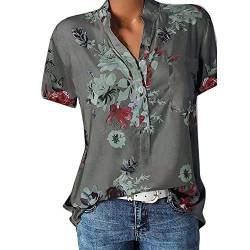 Große Größe Blusen Damen Elegante V-Ausschnitt Blumen Bluse Kurzarmshirt Sommer Casual Lose Tunika Top Hemd mit Knopfleiste Blusenshirt Tasche T-Shirt Oberteile(EUR-40/CN-XL,Grau) von YEBIRAL