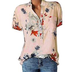 Große Größe Blusen Damen Elegante V-Ausschnitt Blumen Bluse Kurzarmshirt Sommer Casual Lose Tunika Top Hemd mit Knopfleiste Blusenshirt Tasche T-Shirt Oberteile(EUR-48/CN-5XL,Rosa) von YEBIRAL