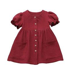 YEBIRAL Baby Mädchen Sommer A-Linie Kurzarm Baumwolle Leinen Kleider einfarbig Kleinkind Prinzessin Blusenkleid Basic Rundhals Freizeitkleidung Gr. 80-120 von YEBIRAL