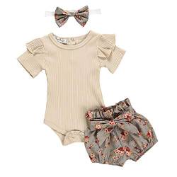 YEBIRAL Babykleidung Set Baby Mädchen Kleidung Kurzarm Body Strampler + Hose + Stirnband Neugeborene Kleinkinder Baumwolle Outfits Set 3 Stück (Khaki 02, 0-3 Monate) von YEBIRAL