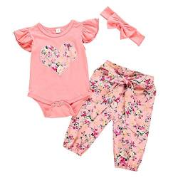 YEBIRAL Babykleidung Set Baby Mädchen Kleidung Kurzarm Body Strampler + Hose + Stirnband Neugeborene Kleinkinder Baumwolle Outfits Set 3 Stück (Rosa 04, 0-6 Monate) von YEBIRAL