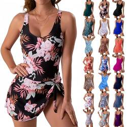 YEBIRAL Badeanzug Damen Bauchweg Sexy U Ausschnitt Einteilige Bademode Gerüschte Badeanzüge mit Brustpolstern Sport Badeanzug Retro Elegant Tankini Push Up Badekleid Swimsuit Strandmode von YEBIRAL