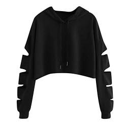 YEBIRAL Bauchfrei Pullover Teenager Mädchen, Damen Pulli Oberteile Casual Destroyed Langarmshirt Sport Crop Tops Kapuzenpullover Hoodie Sweatshirt(S,Schwarz) von YEBIRAL