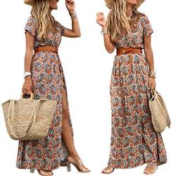 YEBIRAL Boho Kleidung Damen Sommer Lang Strandkleid mit Gurtel Casual Bohemian Maxikleider Vintage Sommerkleid V-Ausschnitt Blumenmuster Freizeitkleid Maxi Dress Kurzarm Blumenkleid von YEBIRAL