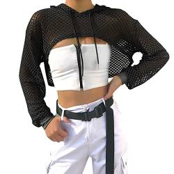 YEBIRAL Cropped Hoodie Damen Mesh Langarm Cut Out Pullover Netzoberteil Sexy Crop Tops Casual Kapuzenpullover Sweatshirt mit Kapuze Kordelzug von YEBIRAL