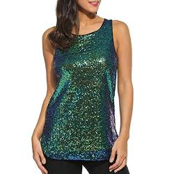 YEBIRAL Damen 1920er Glitzer Paillette Top Sparkle verziert Shimmer Shirt Rundhals Loose Fit Ärmellos Bluse Weste Tank Tops Casual Vest Tunika(M,Grün) von YEBIRAL