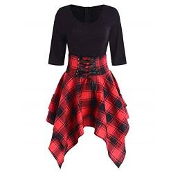 YEBIRAL Damen 50s Vintage Rockabilly Kleid Langarm Abendkleid Frauen Kariert Ungerader Saum Weihnachten Kleider Party Cosplay Kostüm Gothic Punk Mittelalter Schulterfrei Cocktailkleid (Y-01 Rot, XXL) von YEBIRAL