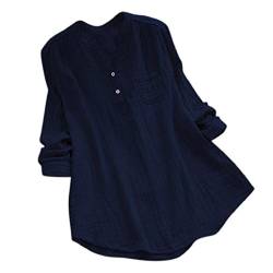 YEBIRAL Damen Bluse Lose Einfarbig Große Größen V-Ausschnit Langarm Leinen Lässige Tops T-Shirt Bluse S-5XL(EU-38/CN-M,Marine) von YEBIRAL