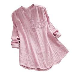 YEBIRAL Damen Bluse Lose Einfarbig Große Größen V-Ausschnit Langarm Leinen Lässige Tops T-Shirt Bluse S-5XL(EU-38/CN-M,Rosa) von YEBIRAL