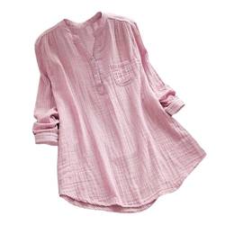 YEBIRAL Damen Bluse Lose Einfarbig Große Größen V-Ausschnit Langarm Leinen Lässige Tops T-Shirt Bluse S-5XL(EU-42/CN-XL,Rosa) von YEBIRAL