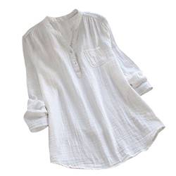 YEBIRAL Damen Bluse Lose Einfarbig Große Größen V-Ausschnit Langarm Leinen Lässige Tops T-Shirt Bluse S-5XL(EU-48/CN-4XL,Weiß) von YEBIRAL