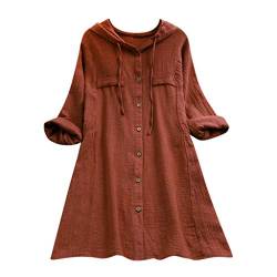 YEBIRAL Damen Bluse V-Ausschnit Langarm Shirt Leinen Einfarbig Lässige Lose Tunika Tops T-Shirt Hemdbluse Große Größen (EU-40/CN-L, X-Kaffee) von YEBIRAL