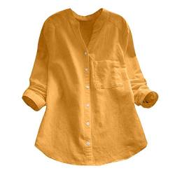 YEBIRAL Damen Bluse V-Ausschnit Langarm Shirt Leinen Einfarbig Lässige Lose Tunika Tops T-Shirt Hemdbluse Große Größen (EU-42/CN-XL, B- Gelb) von YEBIRAL