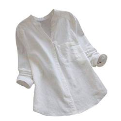 YEBIRAL Damen Bluse V-Ausschnit Langarm Shirt Leinen Einfarbig Lässige Lose Tunika Tops T-Shirt Hemdbluse Große Größen (EU-42/CN-XL, B- Weiß) von YEBIRAL