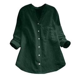 YEBIRAL Damen Bluse V-Ausschnit Langarm Shirt Leinen Einfarbig Lässige Lose Tunika Tops T-Shirt Hemdbluse Große Größen (EU-44/CN-2XL, B- Grün) von YEBIRAL