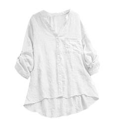 YEBIRAL Damen Bluse V-Ausschnit Langarm Shirt Leinen Einfarbig Lässige Lose Tunika Tops T-Shirt Hemdbluse Große Größen (EU-44/CN-2XL, H- Weiß) von YEBIRAL