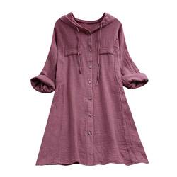 YEBIRAL Damen Bluse V-Ausschnit Langarm Shirt Leinen Einfarbig Lässige Lose Tunika Tops T-Shirt Hemdbluse Große Größen (EU-46/CN-3XL, X-Rosa) von YEBIRAL