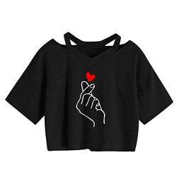 YEBIRAL Damen Crop Top, Teenager Mädchen Brief Drucken Bauchfrei Oberteil Pullover Kurzarm T-Shirt Sweatshirt Kurz Sport Rundhals Tops Shirt Hemd Bluse von YEBIRAL