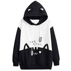 YEBIRAL Damen Herbst Hoodies mit Katzenohren, Mädchen Katze Gedruckt Kapuzenpullover Mode Sweatshirt Casual Langarm Pulli Pullover Oberteile Tops(M,Schwarz) von YEBIRAL