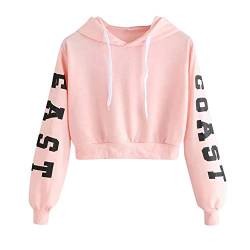 YEBIRAL Damen Hoodie Mädchen Kapuzenpulli Briefdruck Bauchfrei Pullover Oberteile Kurz Sport Crop Tops Sweater Sweatshirt Sweatjacke(L,Rosa) von YEBIRAL