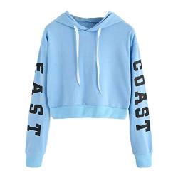 YEBIRAL Damen Hoodie Mädchen Kapuzenpulli Briefdruck Bauchfrei Pullover Oberteile Kurz Sport Crop Tops Sweater Sweatshirt Sweatjacke (Blau, S) von YEBIRAL