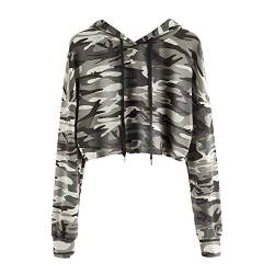 YEBIRAL Damen Hoodie Mädchen Kapuzenpulli Briefdruck Bauchfrei Pullover Oberteile Kurz Sport Crop Tops Sweater Sweatshirt Sweatjacke (Y- Camouflage, XL) von YEBIRAL