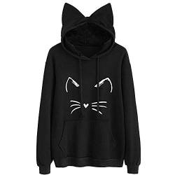 YEBIRAL Damen Hoodie Pullover mit Katzenohren, Mode Mädchen Lässig Outwear Bedruckt Langarm Pulli Oberteile Streetwear Sweatshirt Kapuzenpullover(S,Schwarz) von YEBIRAL