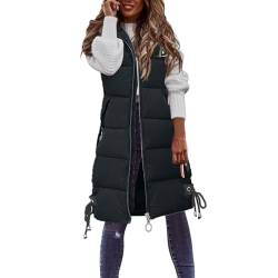 YEBIRAL Damen Lang Weste Steppweste Winter Daunenweste Übergangsweste Winterjacke Longweste Winterweste Leichte Warm Gesteppt Casual Reißverschluss Pufferjacke mit Kapuze Daunenmantel von YEBIRAL