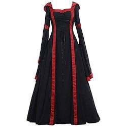 YEBIRAL Damen Langarm Mittelalter Kleid Bodenlangen Gebunden Taille Maxikleid Gothic Retro Kleid Prinzessin Renaissance Cosplay Dress Party Festlich Halloween Karneval Kostüm (Y-1 Schwarz, 3XL) von YEBIRAL