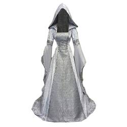 YEBIRAL Damen Langarm Mittelalter Kleid Bodenlangen Gebunden Taille Maxikleid Gothic Retro Kleid Prinzessin Renaissance Cosplay Dress Party Festlich Halloween Karneval Kostüm (Y-2 Grau, 4XL) von YEBIRAL