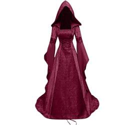 YEBIRAL Damen Langarm Mittelalter Kleid Bodenlangen Gebunden Taille Maxikleid Gothic Retro Kleid Prinzessin Renaissance Cosplay Dress Party Festlich Halloween Karneval Kostüm (Y-2 Weinrot, XL) von YEBIRAL