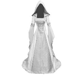 YEBIRAL Damen Langarm Mittelalter Kleid Bodenlangen Gebunden Taille Maxikleid Gothic Retro Kleid Prinzessin Renaissance Cosplay Dress Party Festlich Halloween Karneval Kostüm (Y-2 Weiß, 5XL) von YEBIRAL