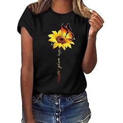 YEBIRAL Damen Mode Lose Rundhals Sonnenblume Gedruckt Frauen Casual Sommer Kurzarm T-Shirts Tops Bluse Shirt Oversize Oberteile(3XL,Schwarz) von YEBIRAL