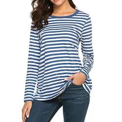 YEBIRAL Damen Pulli Langarmshirt Basic T-Shirt mit Streifen Rundhals Ausschnitt Casual Lose Hemd Pullover Oberteil Sweatshirt Bluse Tops(L,Blau) von YEBIRAL