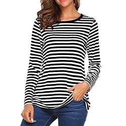 YEBIRAL Damen Pulli Langarmshirt Basic T-Shirt mit Streifen Rundhals Ausschnitt Casual Lose Hemd Pullover Oberteil Sweatshirt Bluse Tops(XL,Schwarz) von YEBIRAL