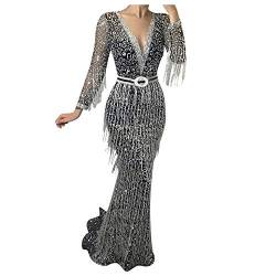 YEBIRAL Damen Retro 1920s Stil Flapper Kleider Lange Glitzer Pailletten Partykleid Troddel V Ausschnitt Langarm Maxikleid Enges Kleid Abendkleider von YEBIRAL