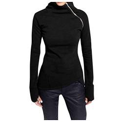 YEBIRAL Damen Rollkragen Pullover Sweatshirt Casual Sport Langarm Reißverschluss Pulli Asymmetrischer Tops Sweatjacke (3XL, Schwarz) von YEBIRAL