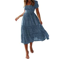 YEBIRAL Damen Sommerkleid Boho Kleider Rüschen Kurzarm Midikleid A-Linie Kleid Elegant Blumenkleid Strandkleider von YEBIRAL