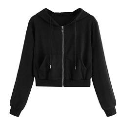 YEBIRAL Damen Sweatjacke, Teenager Mädchen Bauchfrei Kapuzenpullover Langarm Kurz Hoodie Sweatshirt Crop Pullover Tops Kapuzenjacke mit Kordel und Zip (Schwarz, S) von YEBIRAL