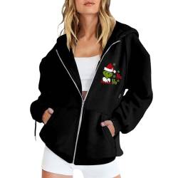 YEBIRAL Damen Sweatjacke Kapuzenpullover Zip Hoodie Grinch Pullover Oversize Casual Kapuzenpulli Lustige 3D Druck Weihnachtspullover Hoody mit Kapuze Sweatshirt Kapuzenjacke von YEBIRAL